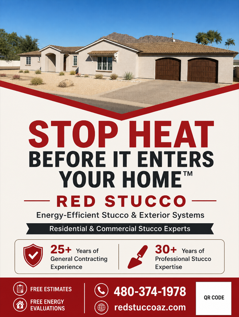Red Stucco home exterior marketing graphic